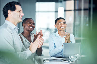 Buy stock photo Applause, celebration and business people in meeting for success, company goal or teamwork achievement with diversity staff. Office corporate worker group clap hands for promotion or celebrate target