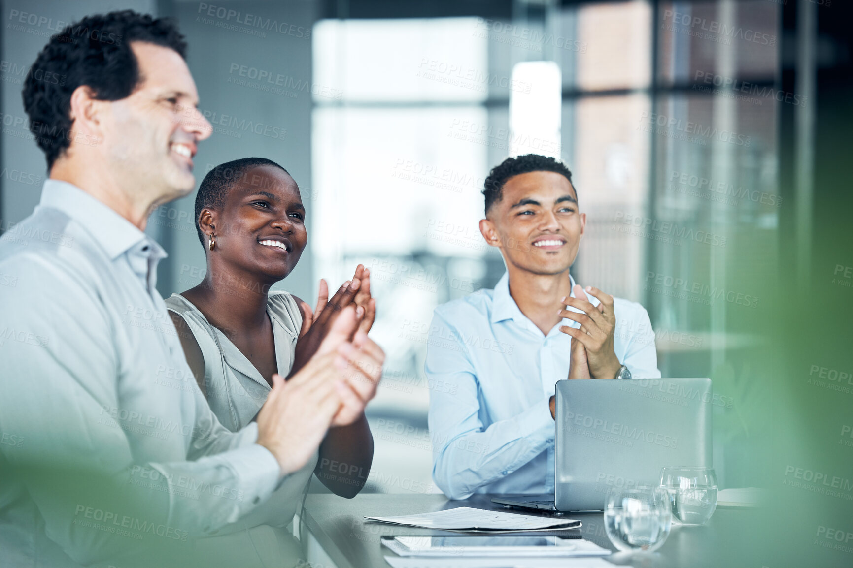 Buy stock photo Applause, celebration and business people in meeting for success, company goal or teamwork achievement with diversity staff. Office corporate worker group clap hands for promotion or celebrate target