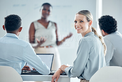 Buy stock photo Presentation, training and workshop with a business woman in a meeting for learning, coaching or development. Strategy, planning and growth with a female employee listening to a company vision talk 