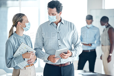 Buy stock photo Covid, business people with face mask for office compliance planning, executive discussion and safety risk management with tablet and document. Corporate manager woman with staff corona virus update