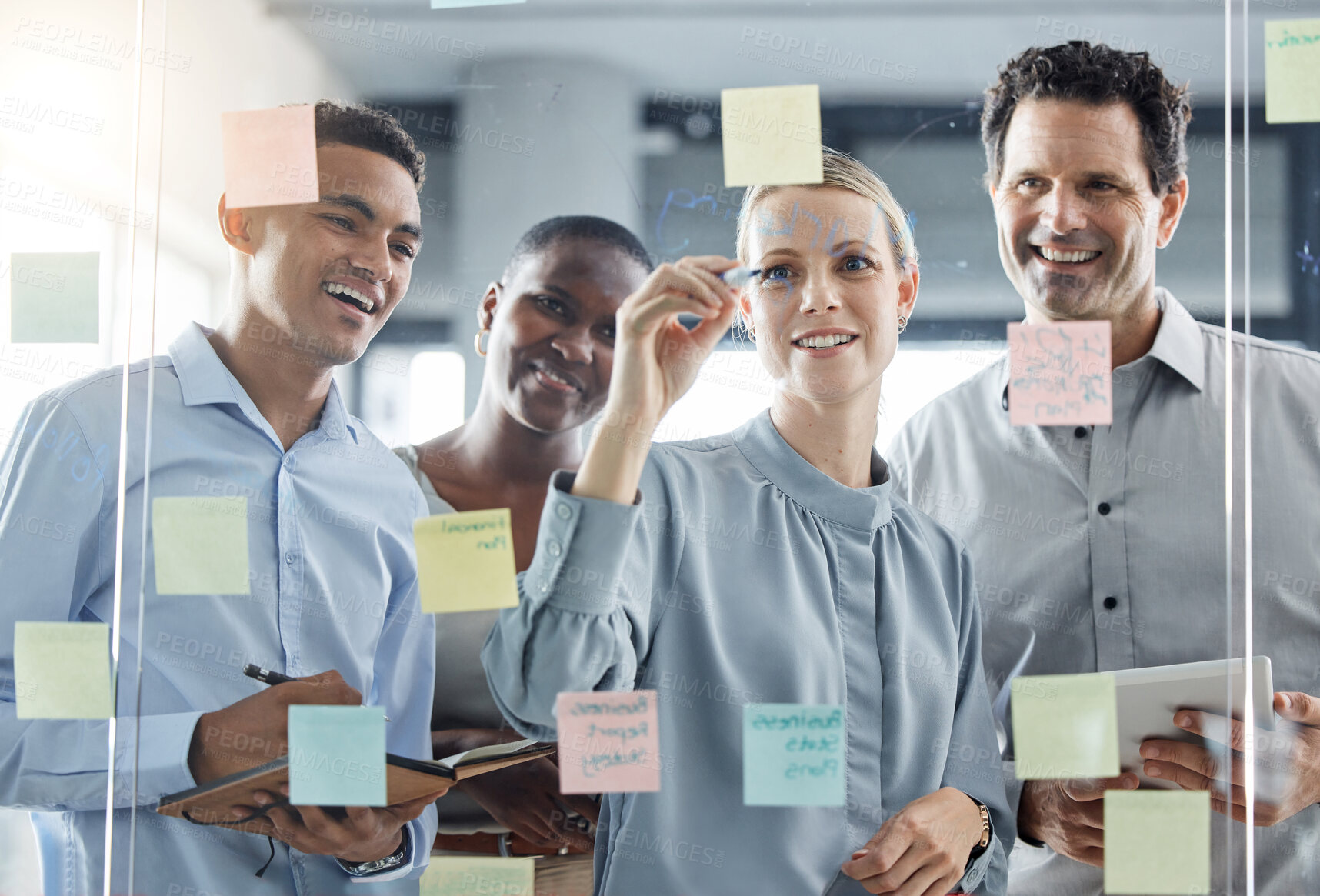 Buy stock photo Glass, wall and sticky notes with business people collaboration, planning and schedule management in office. Innovation, thinking and team strategy for goal and vision mission by working entrepreneur