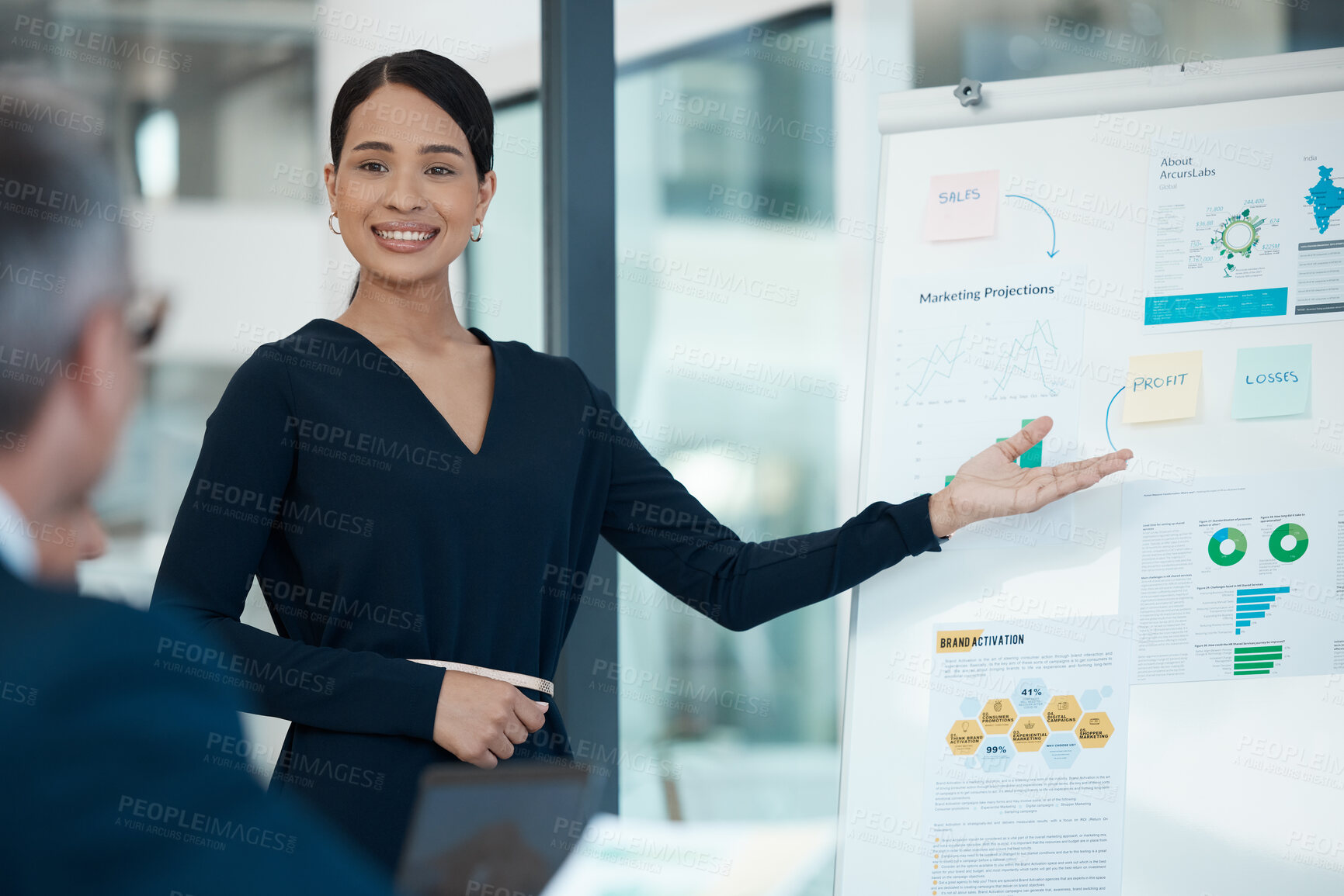 Buy stock photo Presentation, marketing and graphs on whiteboard with woman in meeting explaining data statistics in office. Presenter, leader and finance, advertising or sales growth analytics, analysis or info.
