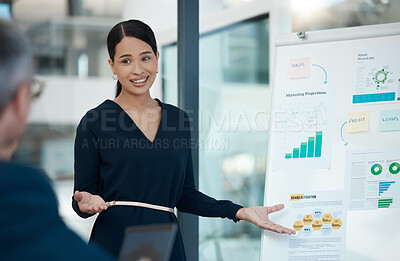 Buy stock photo Business meeting, presenter and accounting presentation with data, graphs and charts in office. Financial strategy, economy analysis and woman accountant talking at team seminar in conference room.