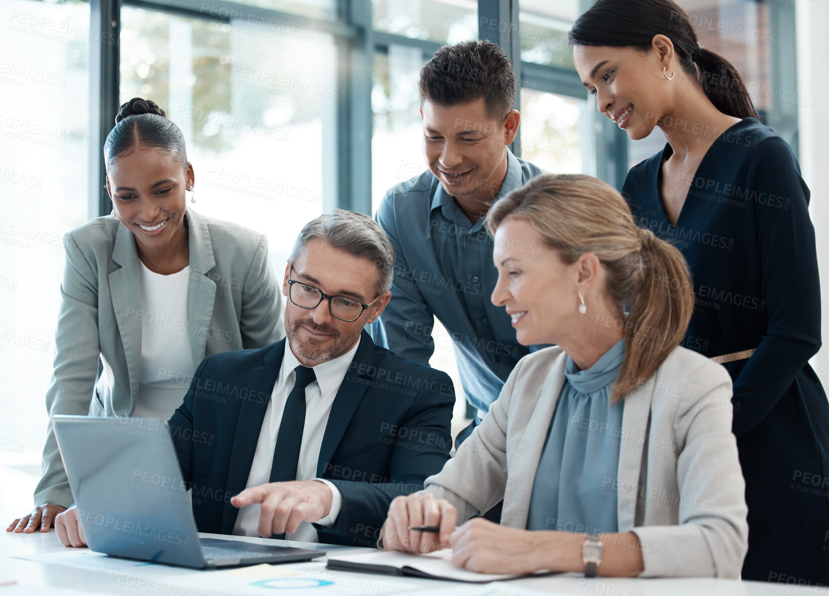 Buy stock photo Business people, laptop and team collaboration for planning, strategy and sharing idea at the office. Businessman leader, manager and training employee staff in teamwork meeting, learning on computer