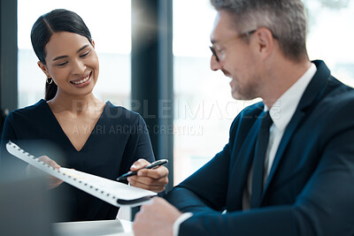 Buy stock photo Legal, woman and lawyer in a meeting for a contract agreement for accountability in an office. Attorney, consulting and financial advisor giving finance paper, tax and compliance advice to a client  