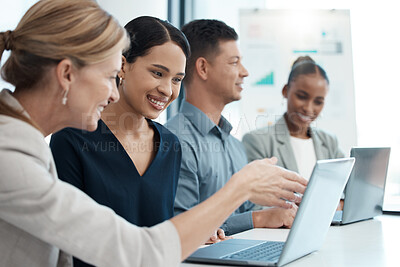 Buy stock photo Training, meeting and employees planning a corporate strategy with internet on a laptop in an office at work. Business employees, people and workers working on and talking about partnership with a pc