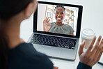 Laptop, video call screen and women meeting for global networking, collaboration or b2b client communication with hello. Zoom call, webinar or online live streaming people for international planning