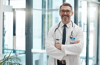 Buy stock photo Mature man, arms crossed and doctor in hospital, healthcare and wellness clinic with trust, vision or help motivation. Portrait, smile or happy consulting medical worker or surgery insurance employee