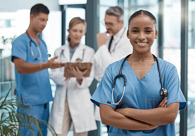 Buy stock photo Doctor, team and portrait of black woman in the hospital or clinic and smile on face. Teamwork, collaboration and leadership in healthcare, medical care and working in a clinic with nurse and doctors
