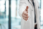 Doctor hand, handshake gesture and hospital welcome, greeting or medical deal with partnership. Closeup of a man healthcare professional with a shaking hands offer for agreement or clinic recruiting.