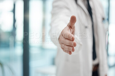 Buy stock photo Doctor hand, handshake gesture and hospital welcome, greeting or medical deal with partnership. Closeup of a man healthcare professional with a shaking hands offer for agreement or clinic recruiting.