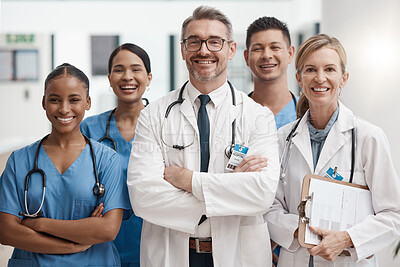 Buy stock photo Team of doctor and nurse with vision, teamwork and arms crossed while working at a hospital. Happy medical expert, healthcare and professional group smile at work together for success at a clinic
