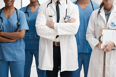 Buy stock photo Medical teamwork, doctors and professional healthcare service in hospital, clinic and surgery. Closeup group of wellness staff, management and medicine help for trust, support and expert commitment