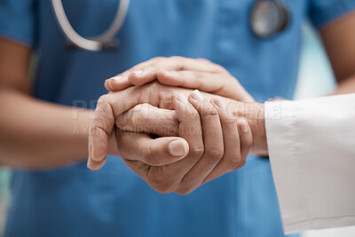 Buy stock photo Nurse with patient holding hands for help, support and healthcare advice after cancer results, medical check or sad news of death. Zoom of doctor hand sign for trust with senior clinic consultation