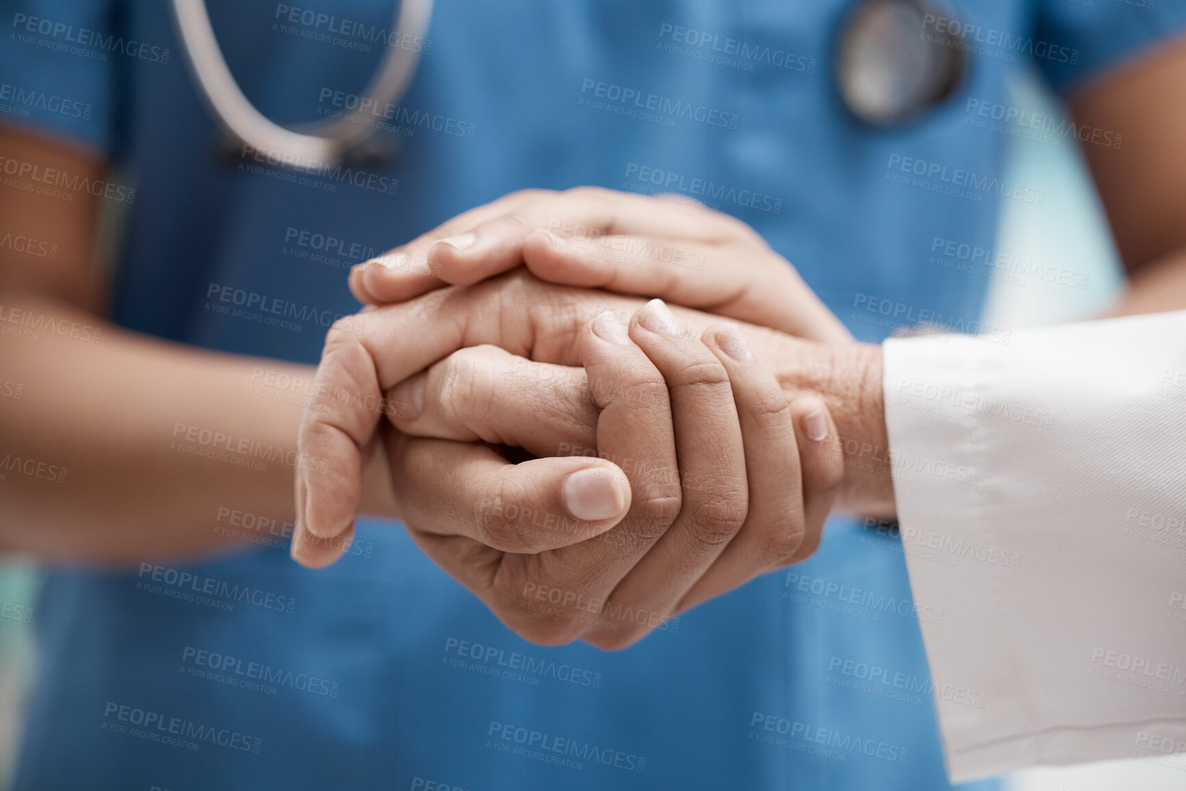 Buy stock photo Nurse with patient holding hands for help, support and healthcare advice after cancer results, medical check or sad news of death. Zoom of doctor hand sign for trust with senior clinic consultation