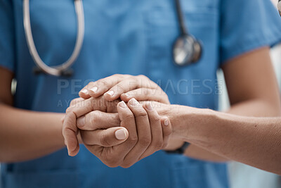 Buy stock photo Hand holding, staff and hospital community with trust, support and hope in a clinic. Healthcare nurse, medical doctor and workers hands together to show work solidarity and team comfort care 