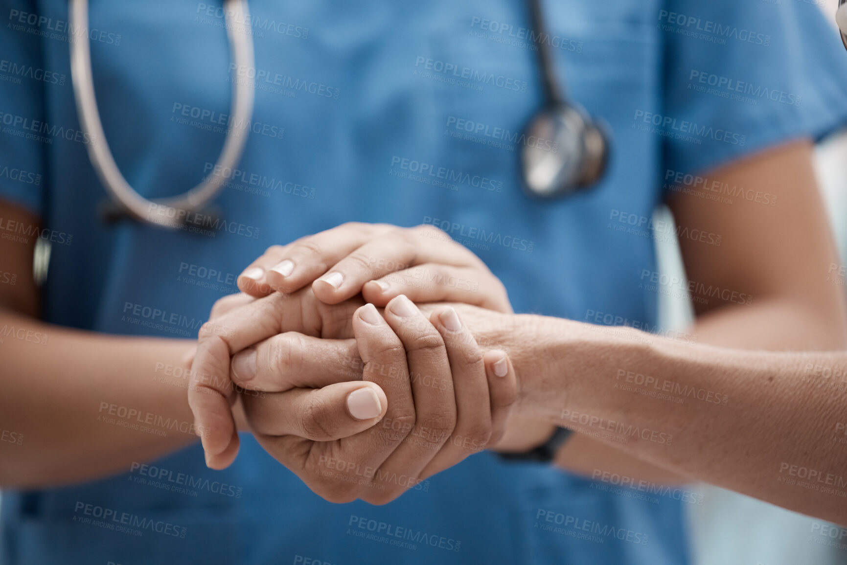 Buy stock photo Hand holding, staff and hospital community with trust, support and hope in a clinic. Healthcare nurse, medical doctor and workers hands together to show work solidarity and team comfort care 