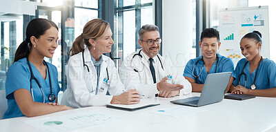 Buy stock photo Doctor, team and meeting with laptop in conference for medical discussion or consultation at the hospital. Healthcare professionals on a video call in teamwork communication on computer at the clinic