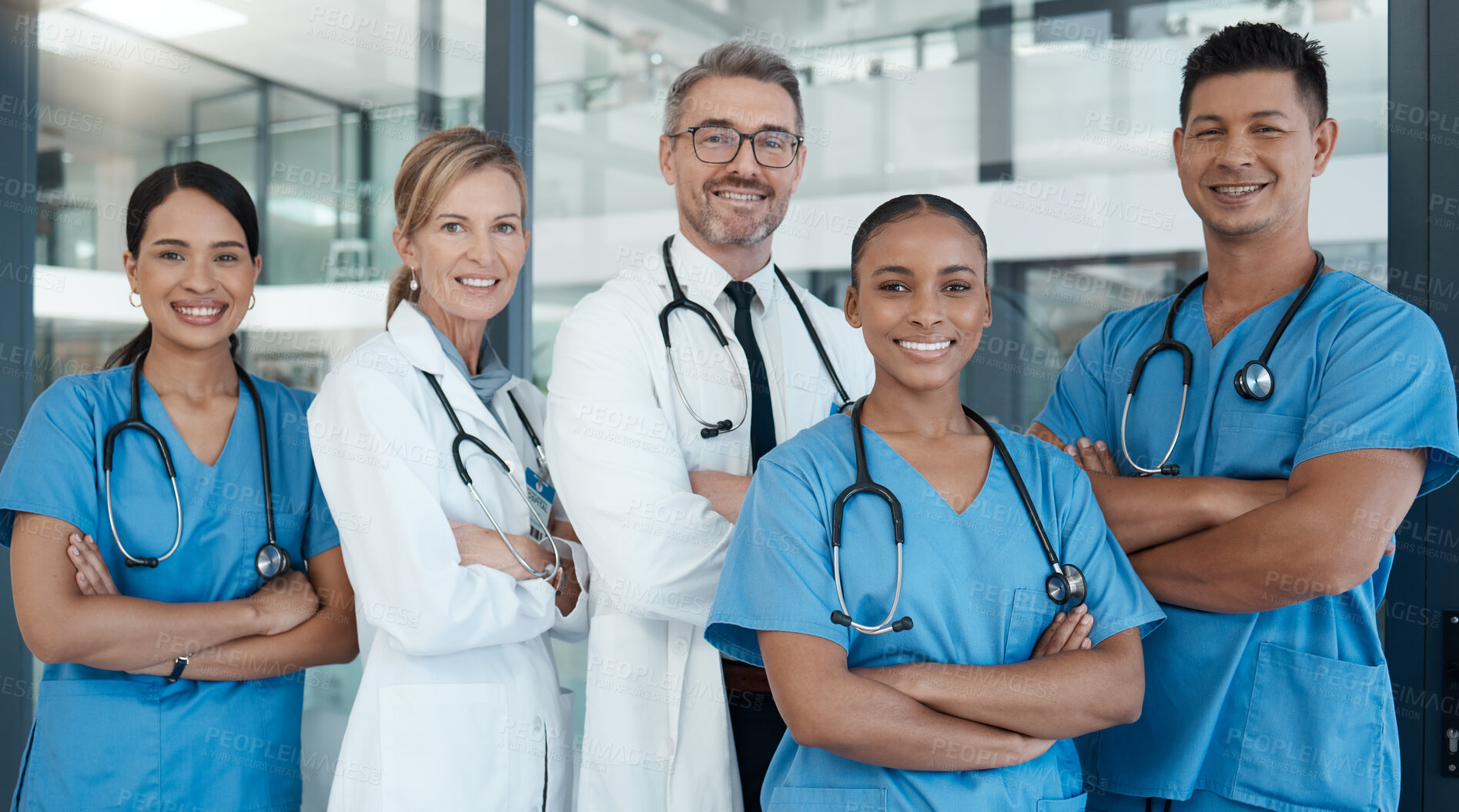 Buy stock photo Medical, team of doctors or healthcare nurse in hospital for vision, motivation or leadership in hospital. Happy, teamwork or wellness people or workers for health, portrait or medicine in clinic