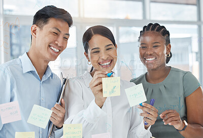 Buy stock photo Teamwork, planning and sticky note meeting with business people writing on window for scrum marketing strategy, collaboration or goals. Vision, innovation and management with employee working on idea