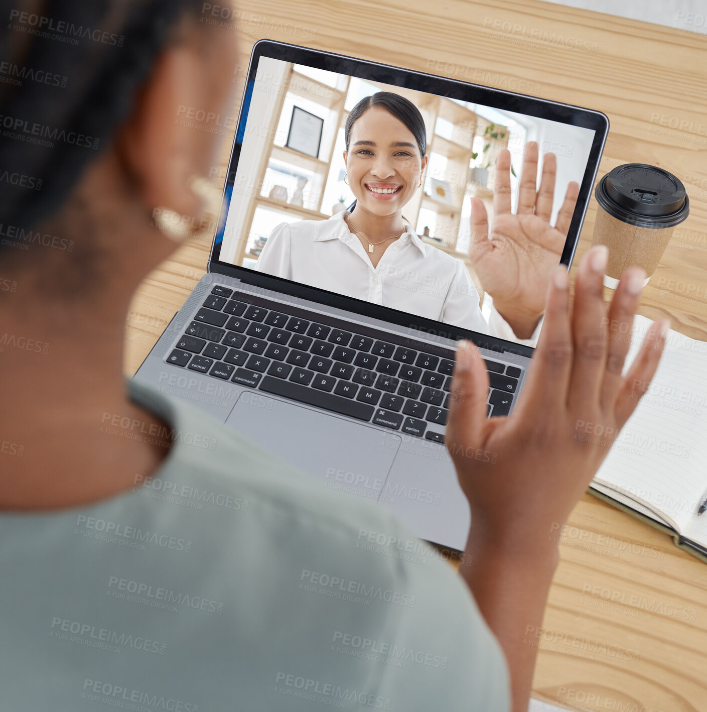 Buy stock photo Video call, wave and employees in a meeting for business, marketing and networking on a laptop at a desk in the office at work. Manager greeting on pc screen during virtual webinar with worker