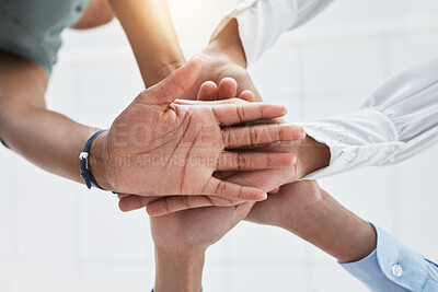 Buy stock photo Collaboration, team building and hands in support of company success with business people in unity low angle. Trust, goal and about us worker team share motivation, vision and idea while having fun