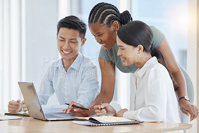 Buy stock photo Business people, laptop and strategy in office with happy, creative design team working on marketing web design. Teamwork, vision and group planning and sharing idea in collaboration online project