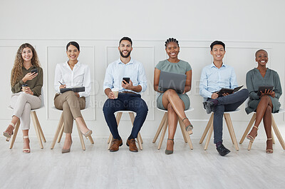 Buy stock photo Human resources, hiring and recruitment with a business woman and man group waiting in line for an interview. Corporate, hr and equal opportunity in a workplace to promote diversity and growth