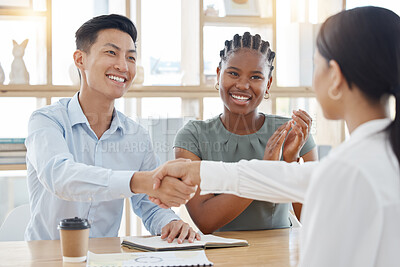 Buy stock photo Handshake, business partnership or success deal in office support, trust or crm in b2b collaboration meeting. Smile, happy and welcome people in teamwork celebration, thank you and strategy promotion