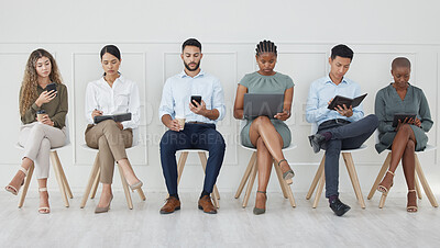 Buy stock photo Business people, diversity and waiting room in networking or social media at the office with technology in the workplace. Diverse group of creative workers for interview, line and company recruitment