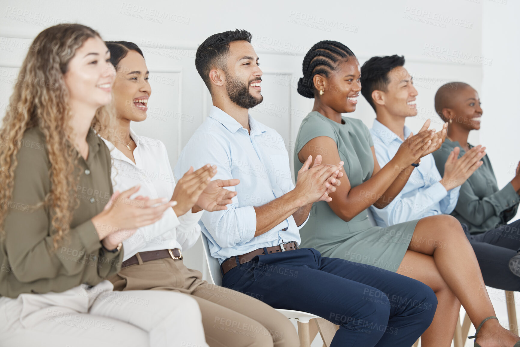 Buy stock photo Applause, teamwork and seminar with a business man and woman group in a conference for training, learning or development. Audience, workshop and celebration with a team working in collaboration