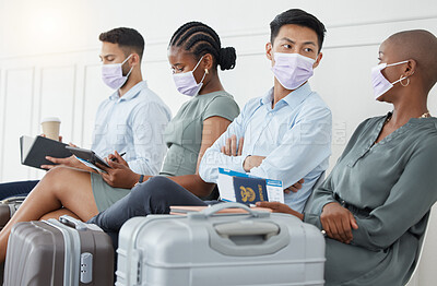 Buy stock photo Covid, airport and group of people waiting together before traveling, compliance during pandemic. Safety, health and corona rules with diverse crowd talking in an airport lounge, relaxed and sitting