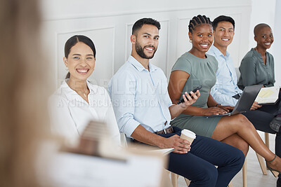 Buy stock photo Candidates, interview and hr talking to people in a row together in an office at work. Employees, people and workers with smile for receptionist with list for recruitment, hiring and planning