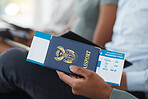 Travel, passport and man with ticket for business, information for airplane and journey for work at an airport. Hands of worker with documentation for corporate and executive transportation for job