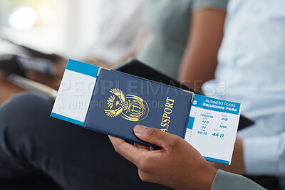 Buy stock photo Travel, passport and man with ticket for business, information for airplane and journey for work at airport. Hands of worker with documentation for corporate and executive trip for professional job