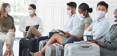 Buy stock photo Face mask, covid or business people in airport terminal travel in safety healthcare law. Vacation, luggage or tourist in covid 19 safety in immigration, medical security or international traveling
