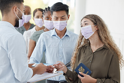 Buy stock photo Covid, travel and airport with a woman passenger in line with identity documents checking in with security for boarding a flight. Ticket, restrictions and safety with a female traveler in a mask