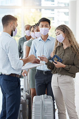 Buy stock photo Covid, travel and passport with people at airport security for document check, immigration law and corona virus policy. Compliance worker with immigration checklist or safety paperwork for insurance