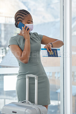 Buy stock photo Covid, black woman and cancelled flight phone  communication for business travel departure delay. Travel regulation mask girl at South Africa airport on call waiting with luggage and passport.
