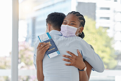 Buy stock photo Airport, travel and face mask with couple hug with covid passport before international flight abroad. Black woman with immigration, traveling and corona compliance at the border with friends farewell
