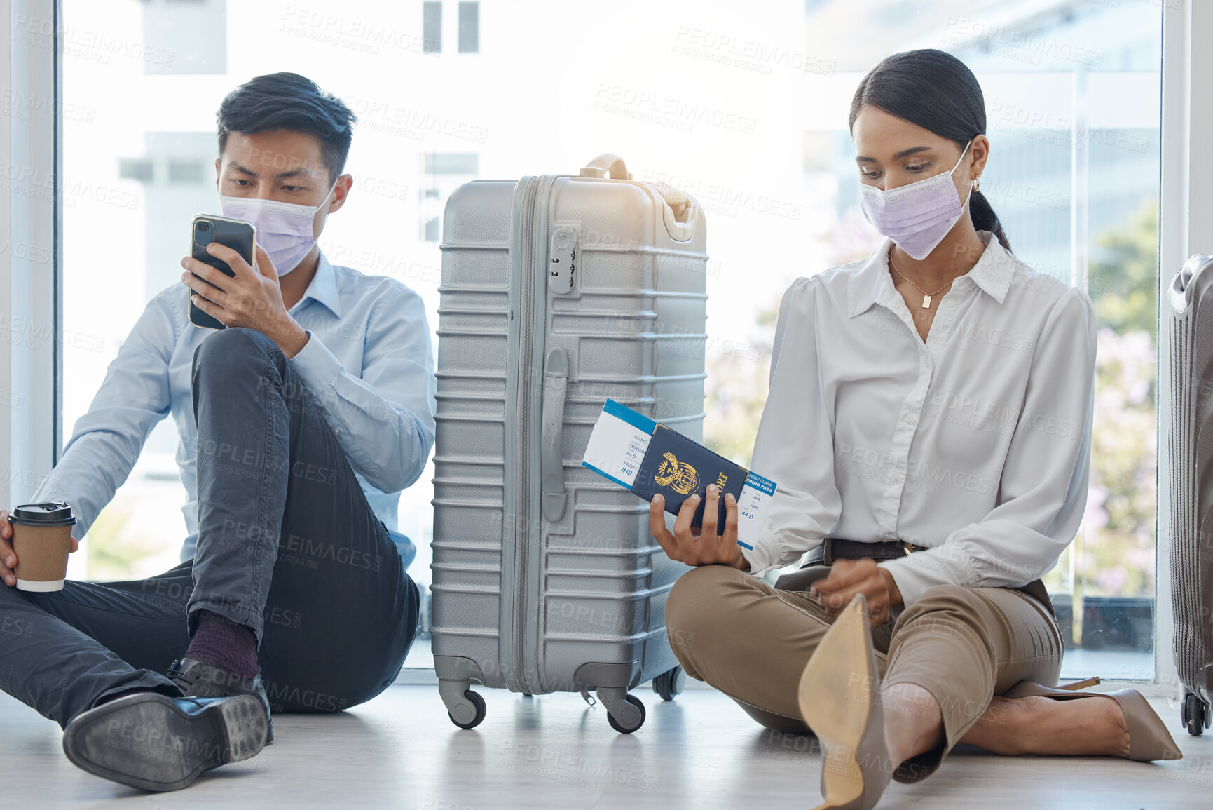 Buy stock photo Covid, delay and business people waiting in airport for a cancelled flight, schedule or coronavirus news. Crisis, compliance and corporate woman in mask stressed and frustrated with traveling visa