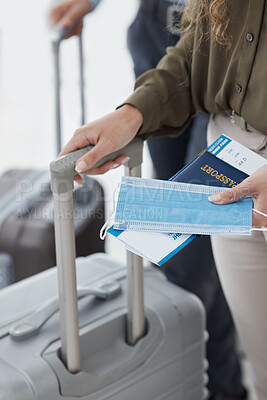 Buy stock photo Travel, covid and compliance closeup of woman at the airport with passport and luggage, traveling for business during pandemic. Safety, corona and rules in lockdown by female getting ready to board 