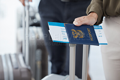 Buy stock photo Passport, travel and airport with the hand of a passenger holding documents while waiting for a flight. Immigration, identity and boarding pass with a person holding a ticket leaving for a holiday