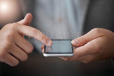 Buy stock photo Zoom of hands, businessman with phone or 5g network for networking, communication or typing email text or message. Chicago, mobile or smartphone for contact us search, internet or social media app.