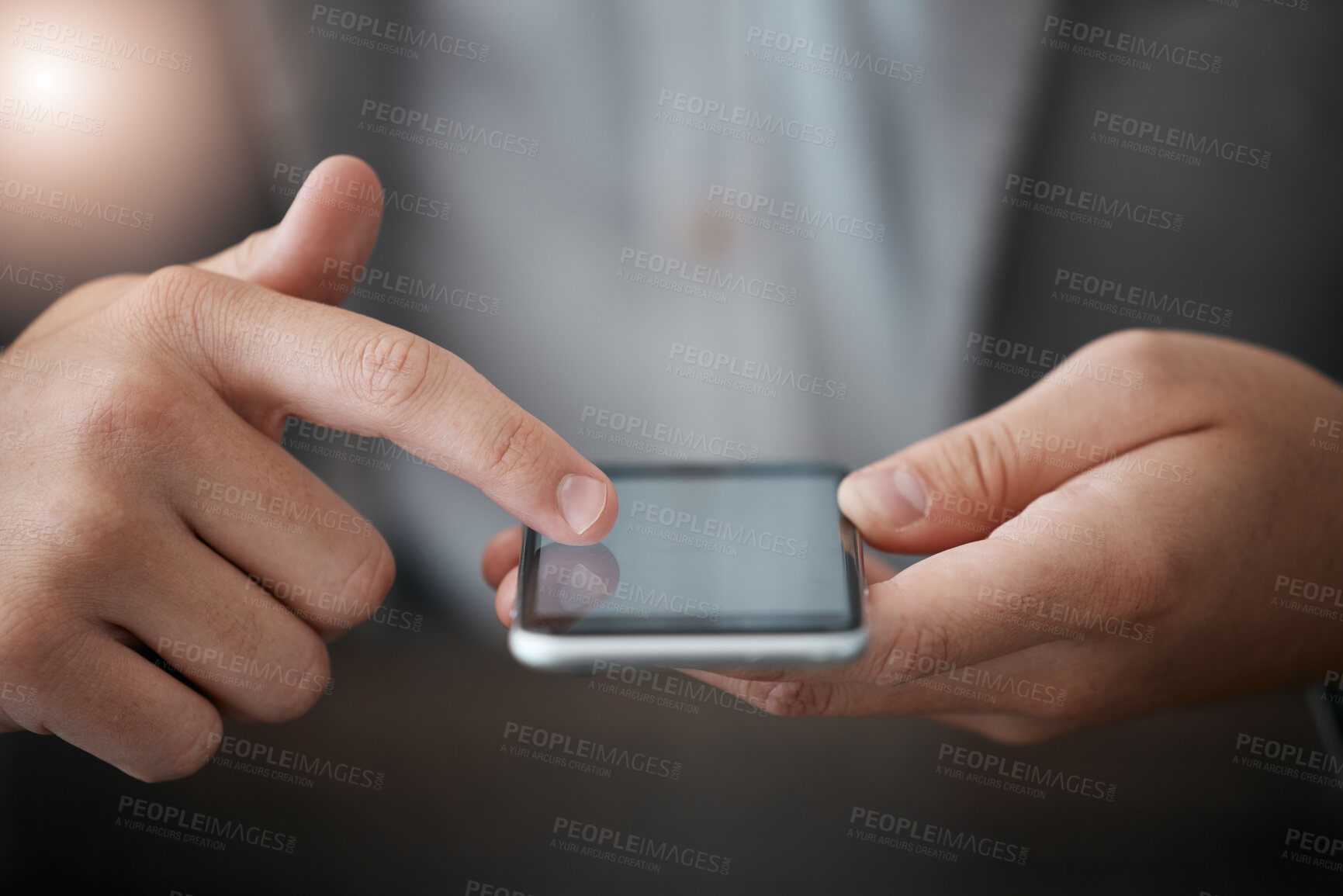 Buy stock photo Zoom of hands, businessman with phone or 5g network for networking, communication or typing email text or message. Chicago, mobile or smartphone for contact us search, internet or social media app.