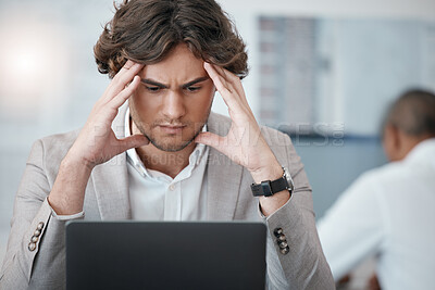 Buy stock photo Young man, anxious and stressed with laptop for meeting, business and startup company planning. Computer, entrepreneur and male thinking, focused and confused for new project and job interview.