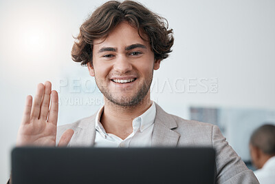Buy stock photo Video call, wave and businessman in a meeting on the internet while working in an office at work. Corporate employee greeting hello, waving and in communication on digital webinar with laptop