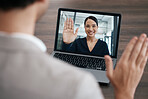 Video call, laptop screen and people business meeting for virtual discussion, international manager update or client b2b collaboration. Corporate woman hello hand in zoom call with laptop technology
