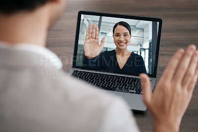 Buy stock photo Video call, laptop screen and people business meeting for virtual discussion, international manager update or client b2b collaboration. Corporate woman hello hand in zoom call with laptop technology