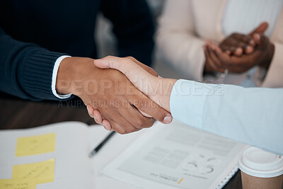 Buy stock photo Partnership, deal and contract with handshake and business people in meeting for b2b, collaboration and success. Thank you, support and trust with hands of employee for success, agreement or welcome
